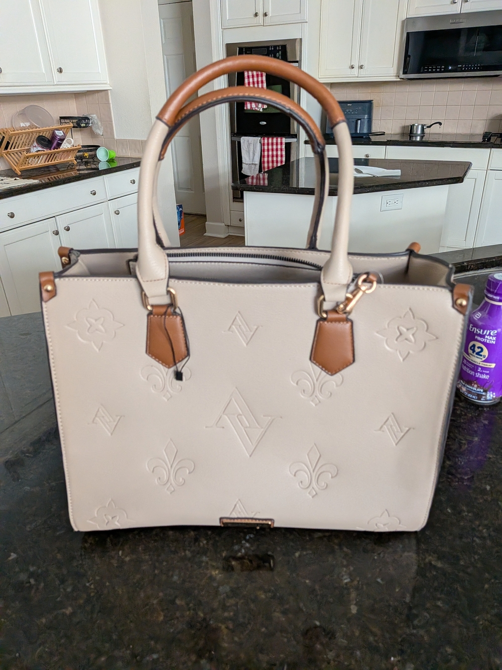 Elegant Cream Tote Bag with Tan Accents Adrienne Vittadini No Strap NWOT